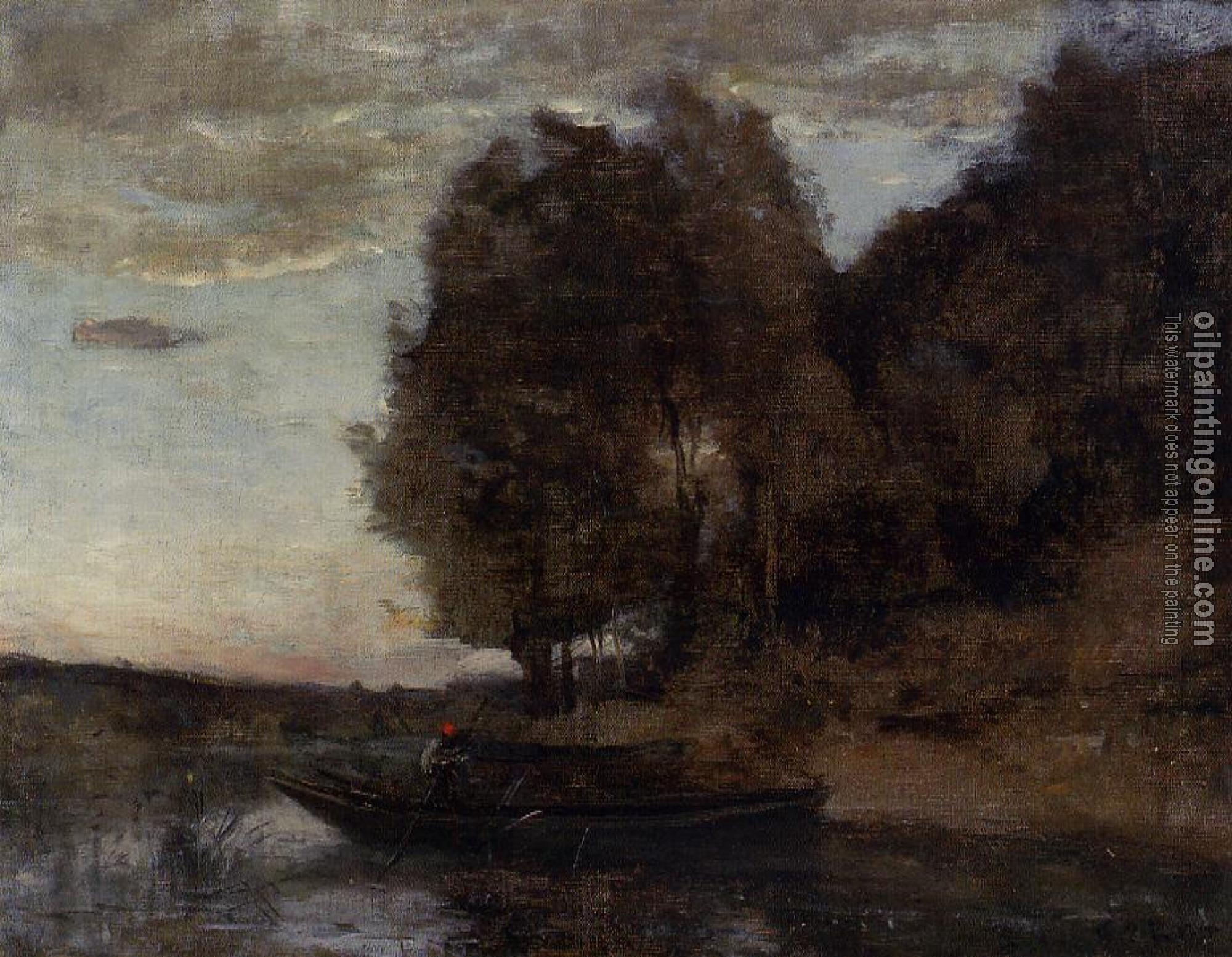 Corot, Jean-Baptiste-Camille - Fisherman Boating along a Wooded Landscape